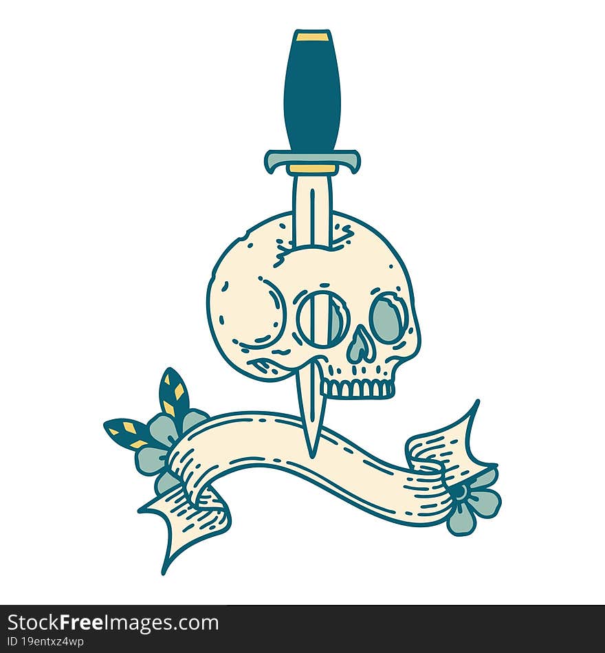 Tattoo With Banner Of A Skull And Dagger