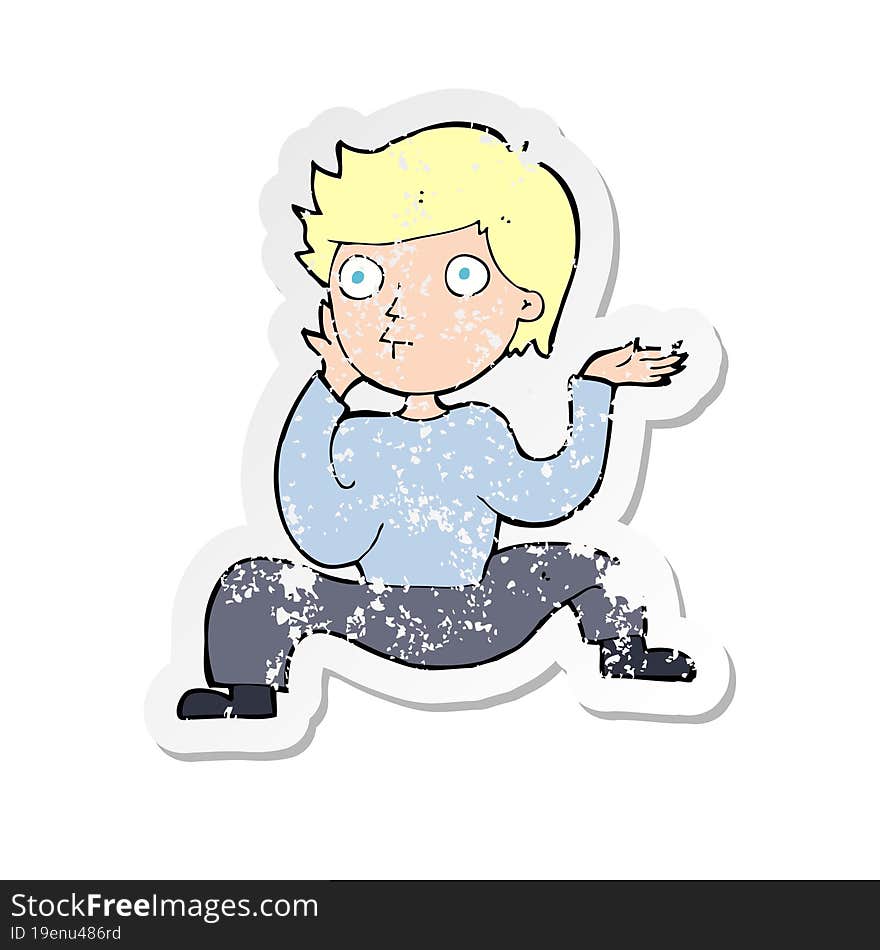 retro distressed sticker of a cartoon boy doing crazy dance