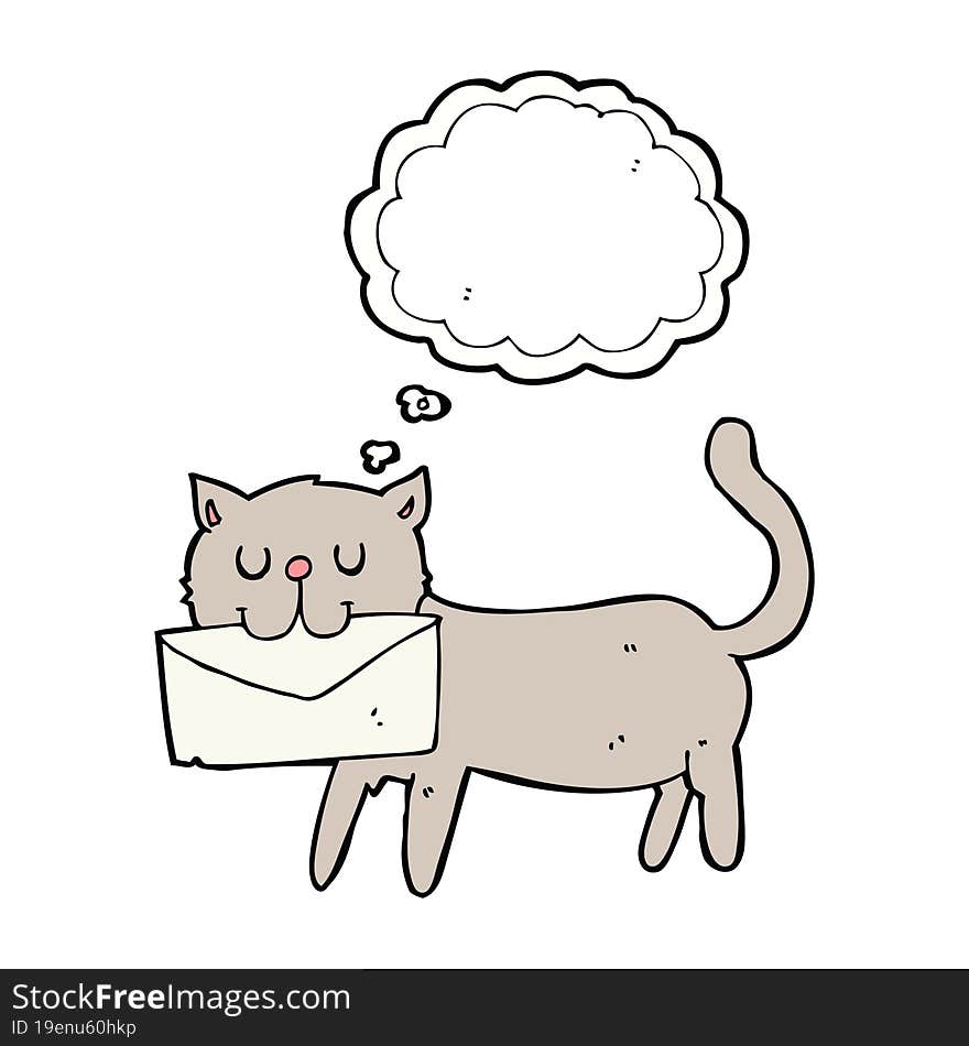 cartoon cat carrying letter with thought bubble