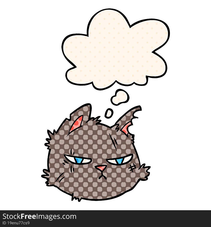 cartoon tough cat face with thought bubble in comic book style