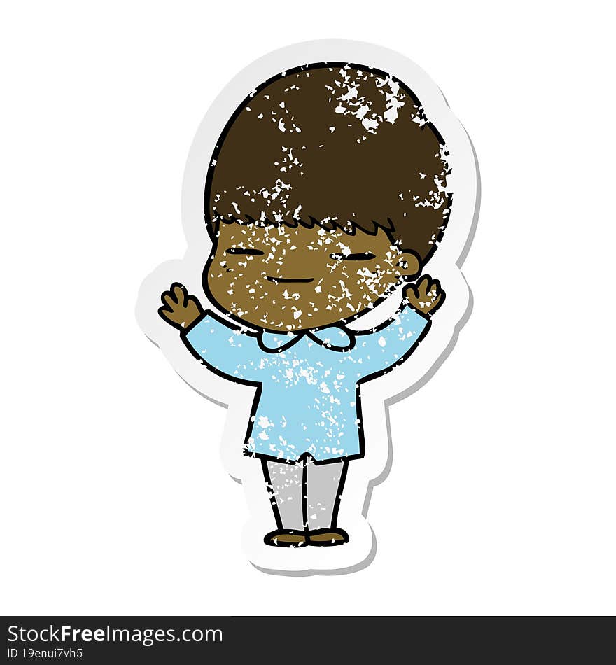 distressed sticker of a cartoon smug boy