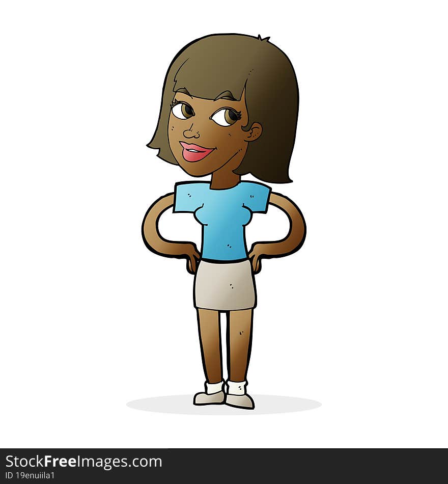 cartoon happy woman with hands on hips