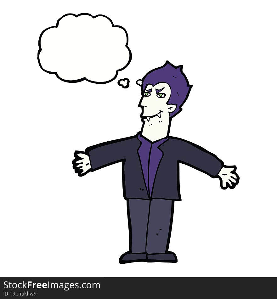 cartoon vampire man with open arms with thought bubble