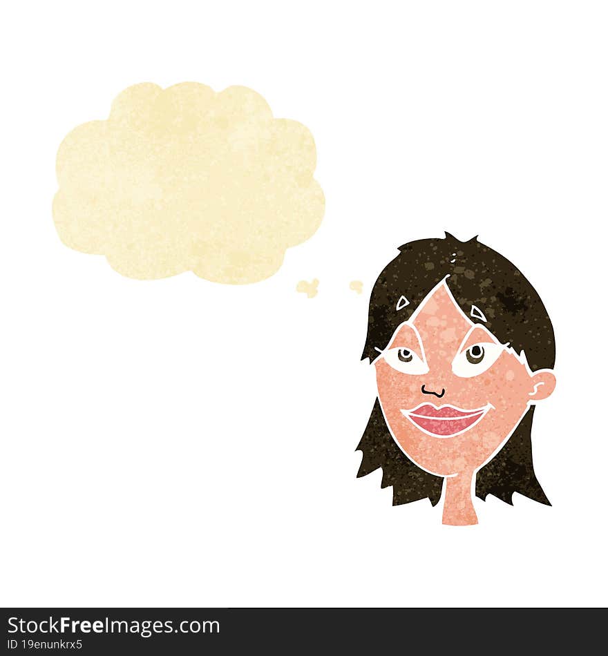 cartoon happy woman with thought bubble