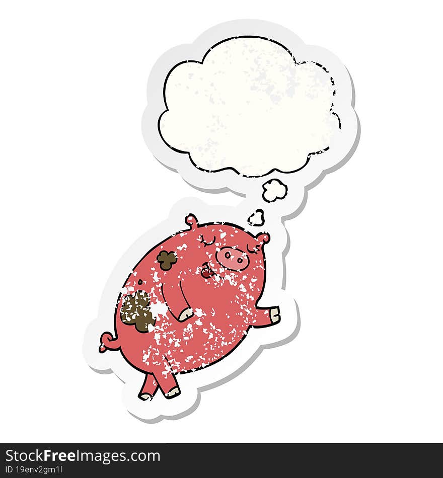 cartoon dancing pig with thought bubble as a distressed worn sticker