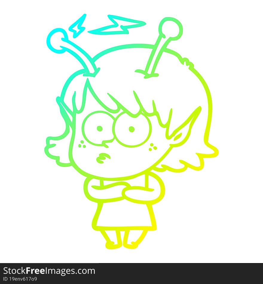 cold gradient line drawing of a cartoon alien girl