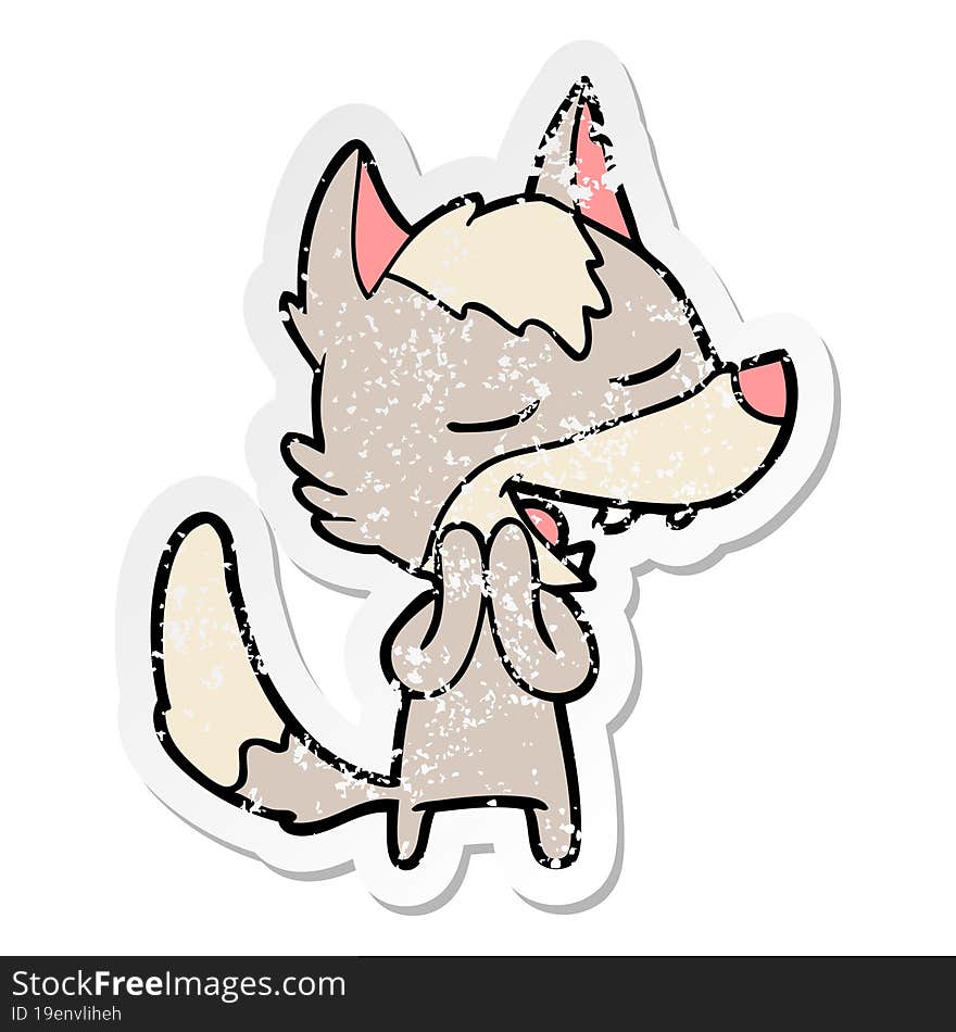 distressed sticker of a cartoon wolf laughing