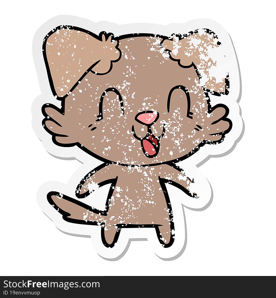 distressed sticker of a laughing cartoon dog