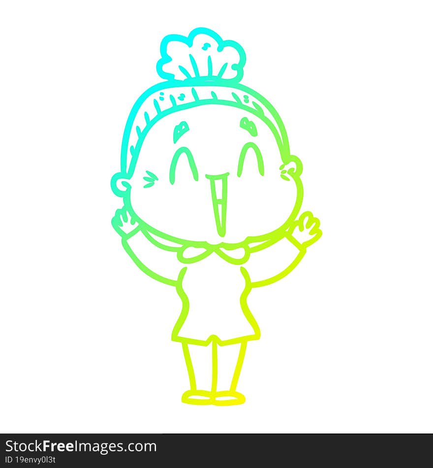 cold gradient line drawing of a cartoon happy old lady