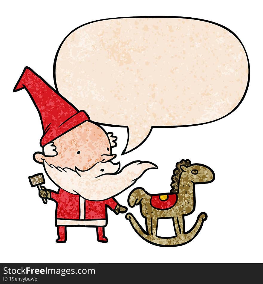 cartoon santa (or elf) making a rocking horse with speech bubble in retro texture style