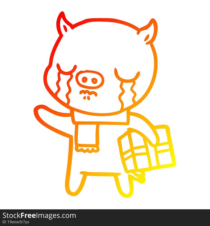 warm gradient line drawing cartoon pig crying over christmas present