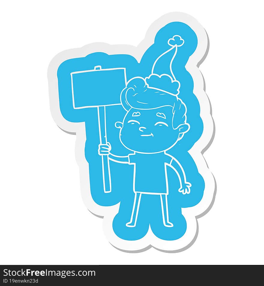 happy quirky cartoon  sticker of a man with sign wearing santa hat