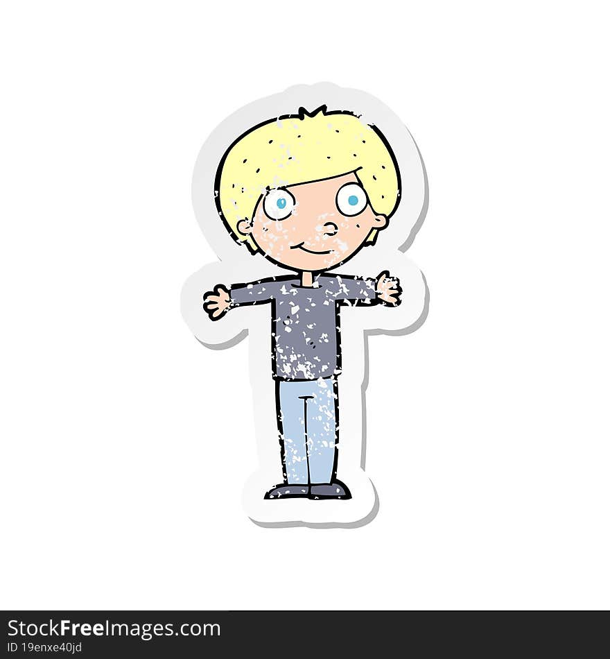 retro distressed sticker of a cartoon happy boy with open arms