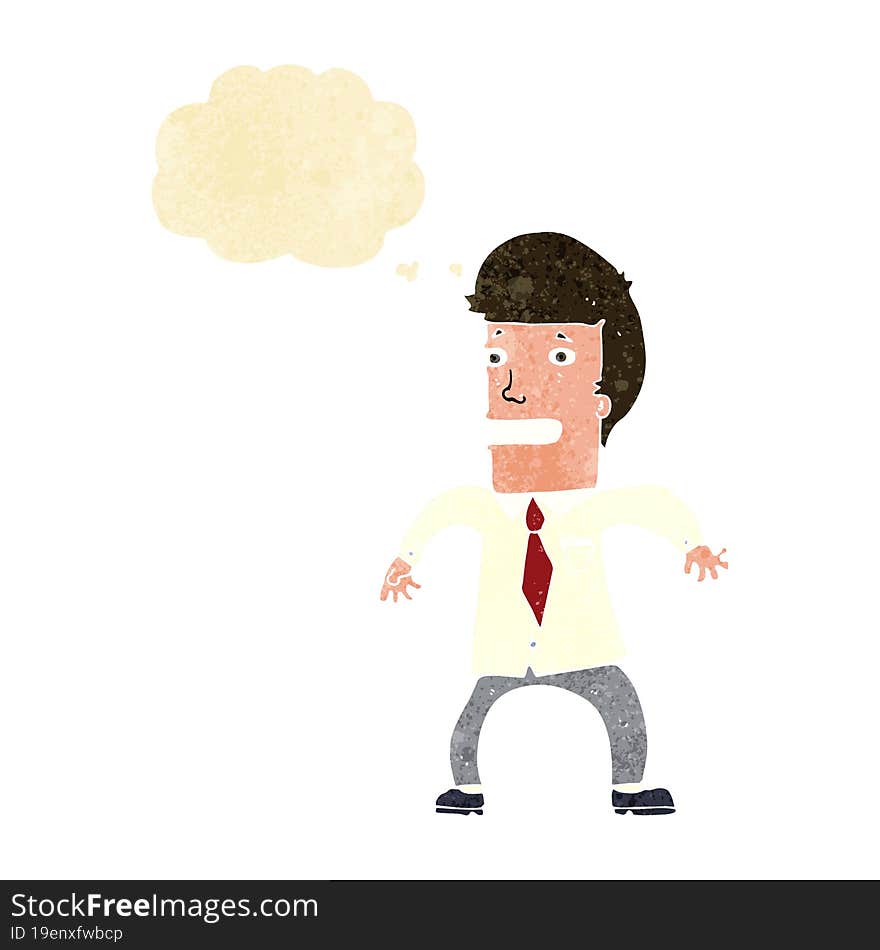 cartoon nervous businessman with thought bubble