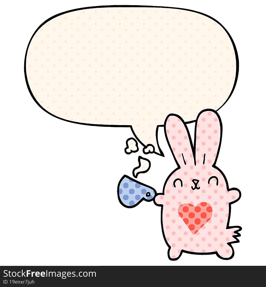 cute cartoon rabbit and love heart and coffee cup and speech bubble in comic book style