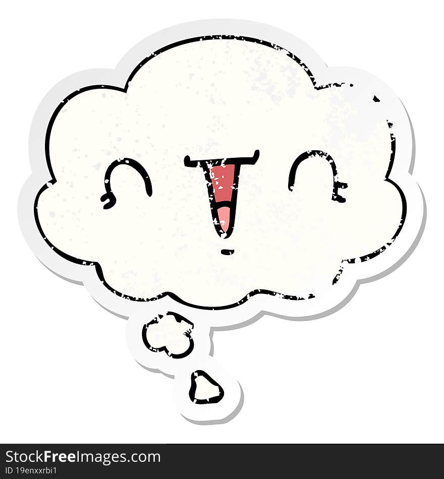 happy cartoon face with thought bubble as a distressed worn sticker