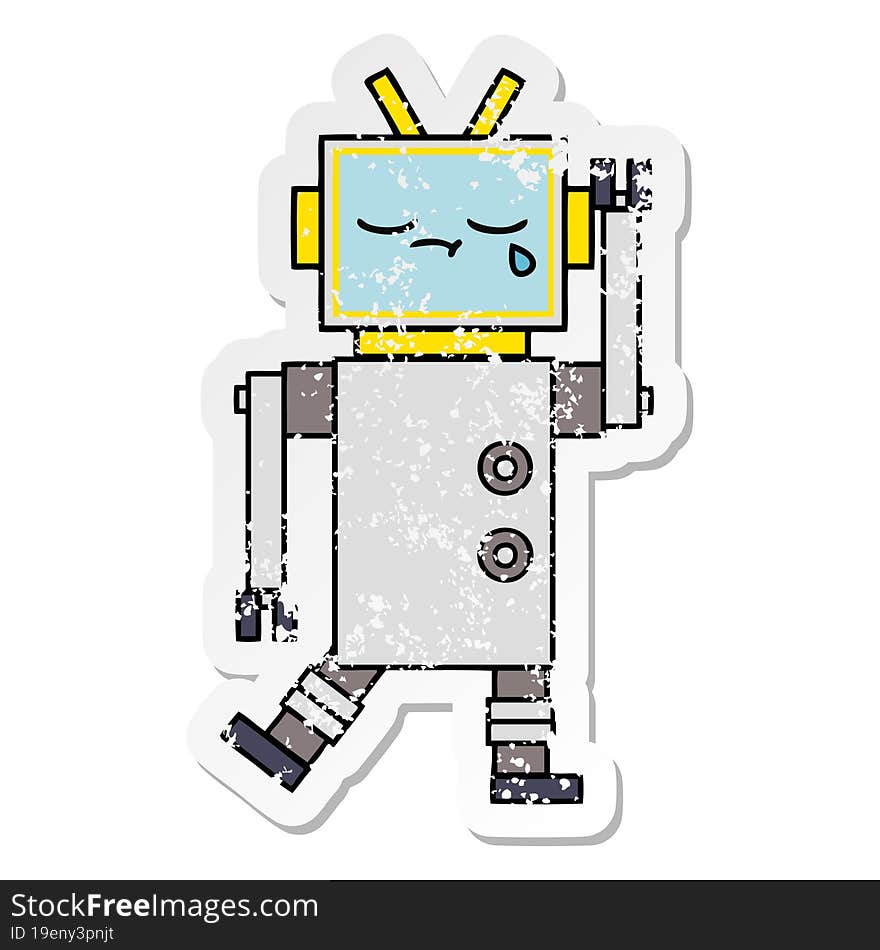 distressed sticker of a cute cartoon crying robot