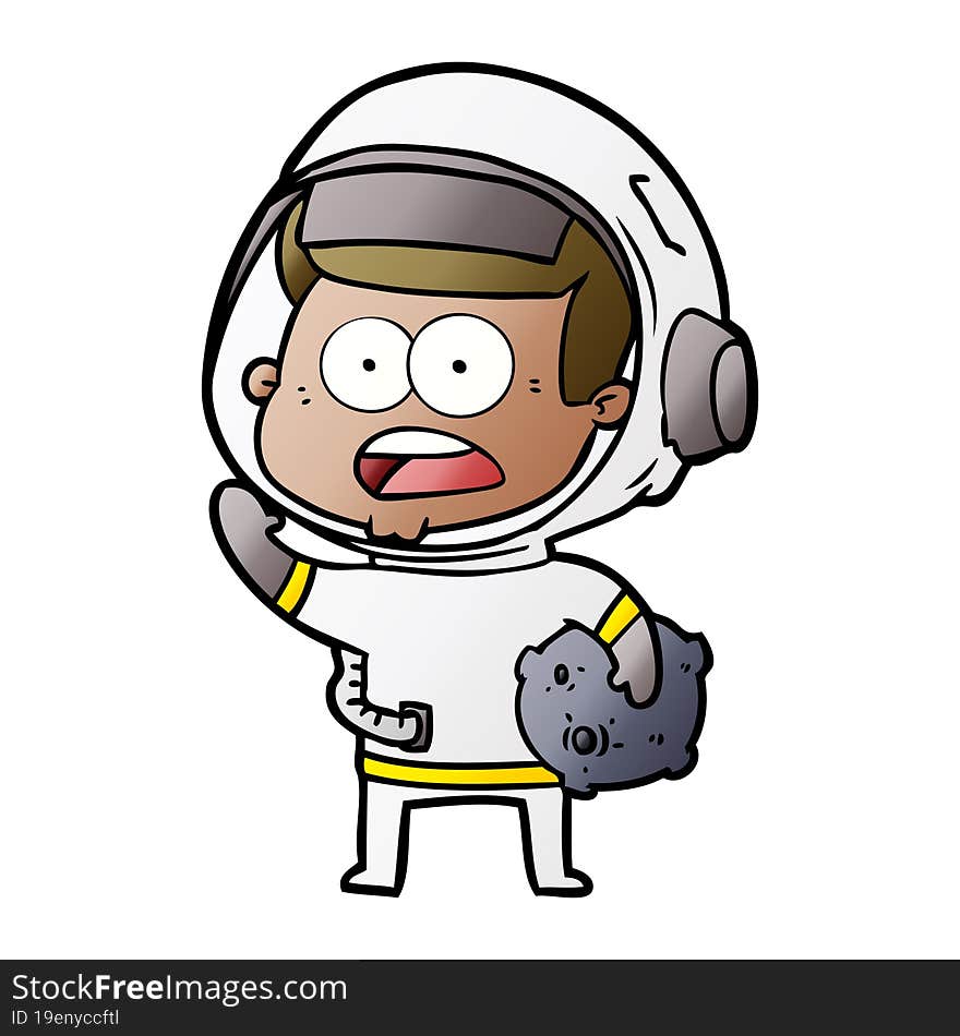 cartoon surprised astronaut holding moon rock. cartoon surprised astronaut holding moon rock