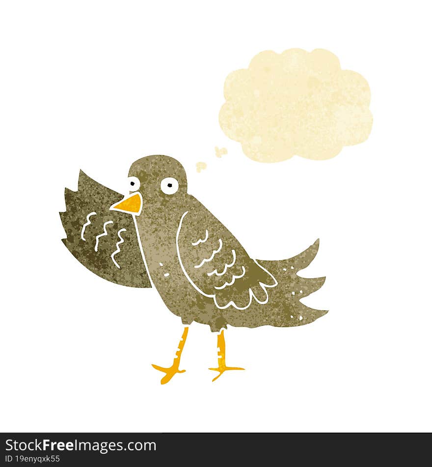 cartoon waving bird with thought bubble