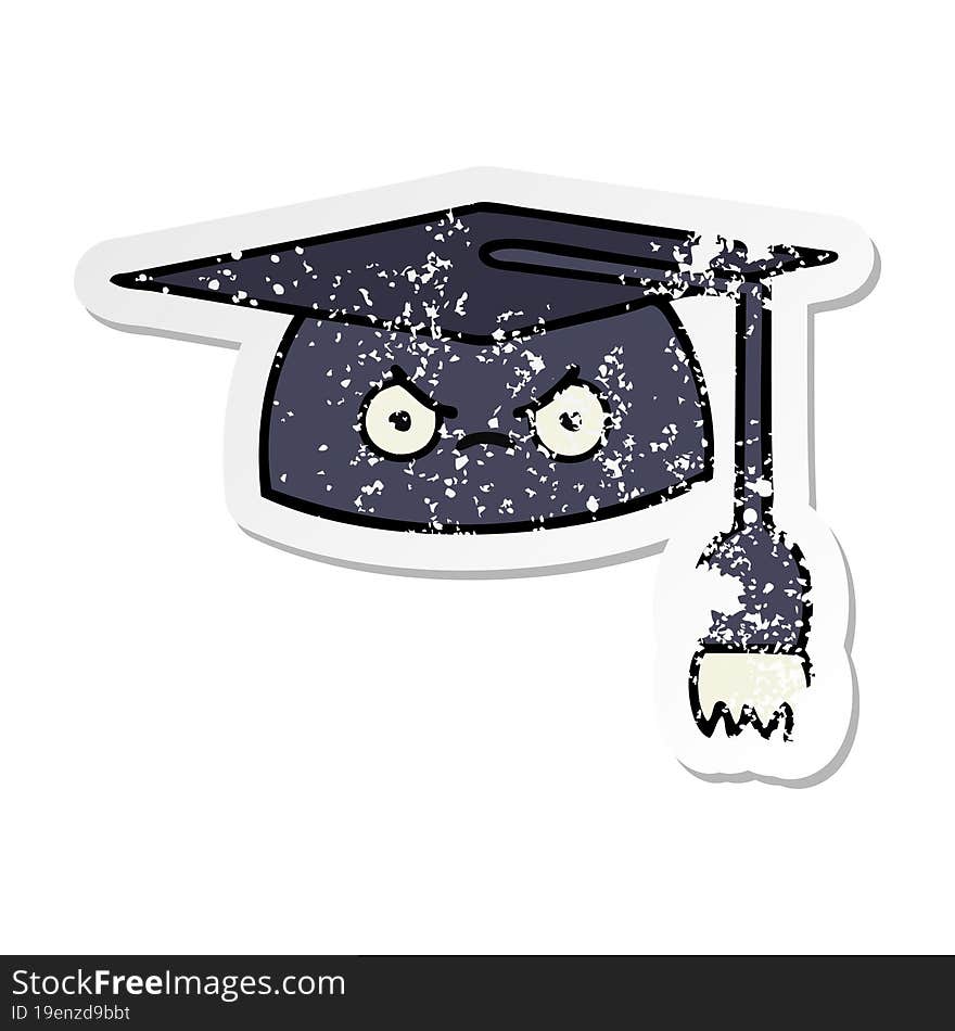 distressed sticker of a cute cartoon graduation hat