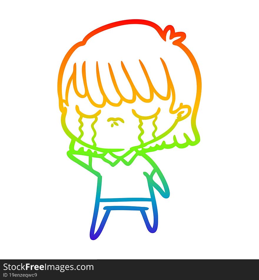 rainbow gradient line drawing of a cartoon woman crying