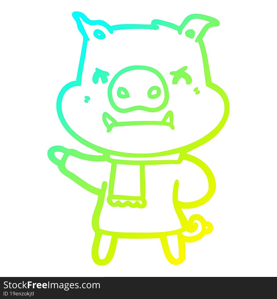 cold gradient line drawing angry cartoon pig in winter clothes