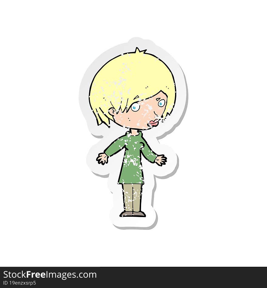 retro distressed sticker of a cartoon woman shrugging shoulders