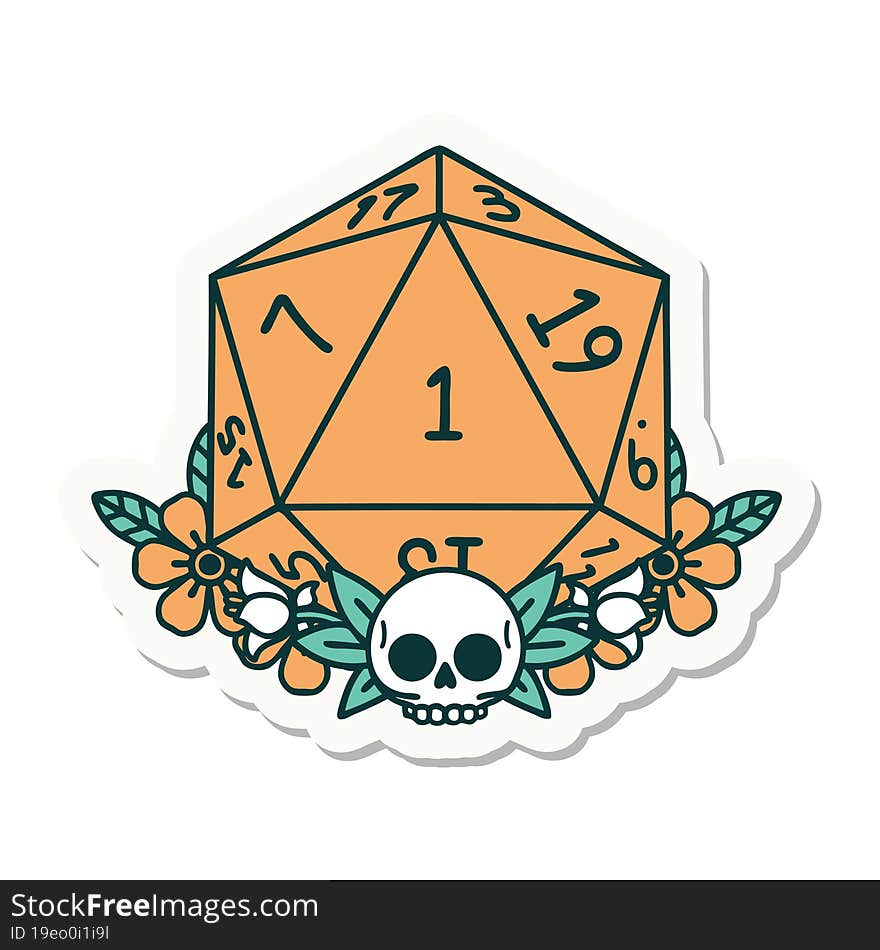 sticker of a natural one dice roll with floral elements. sticker of a natural one dice roll with floral elements