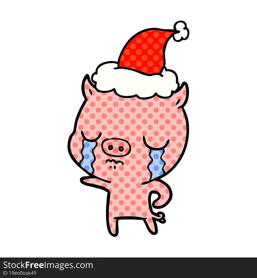 comic book style illustration of a pig crying wearing santa hat