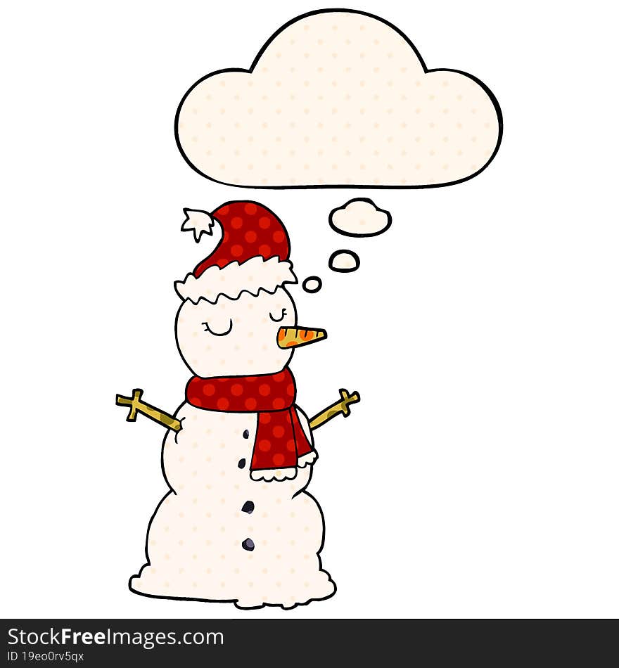 cartoon snowman and thought bubble in comic book style