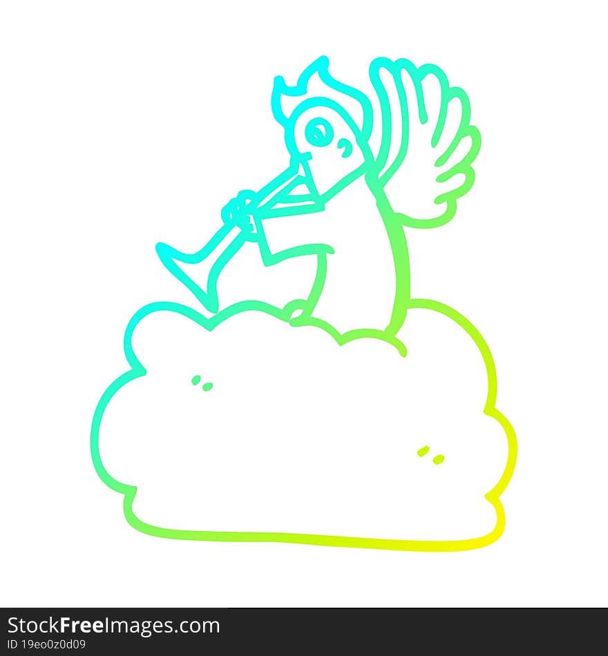 cold gradient line drawing cartoon angel on cloud with trumpet