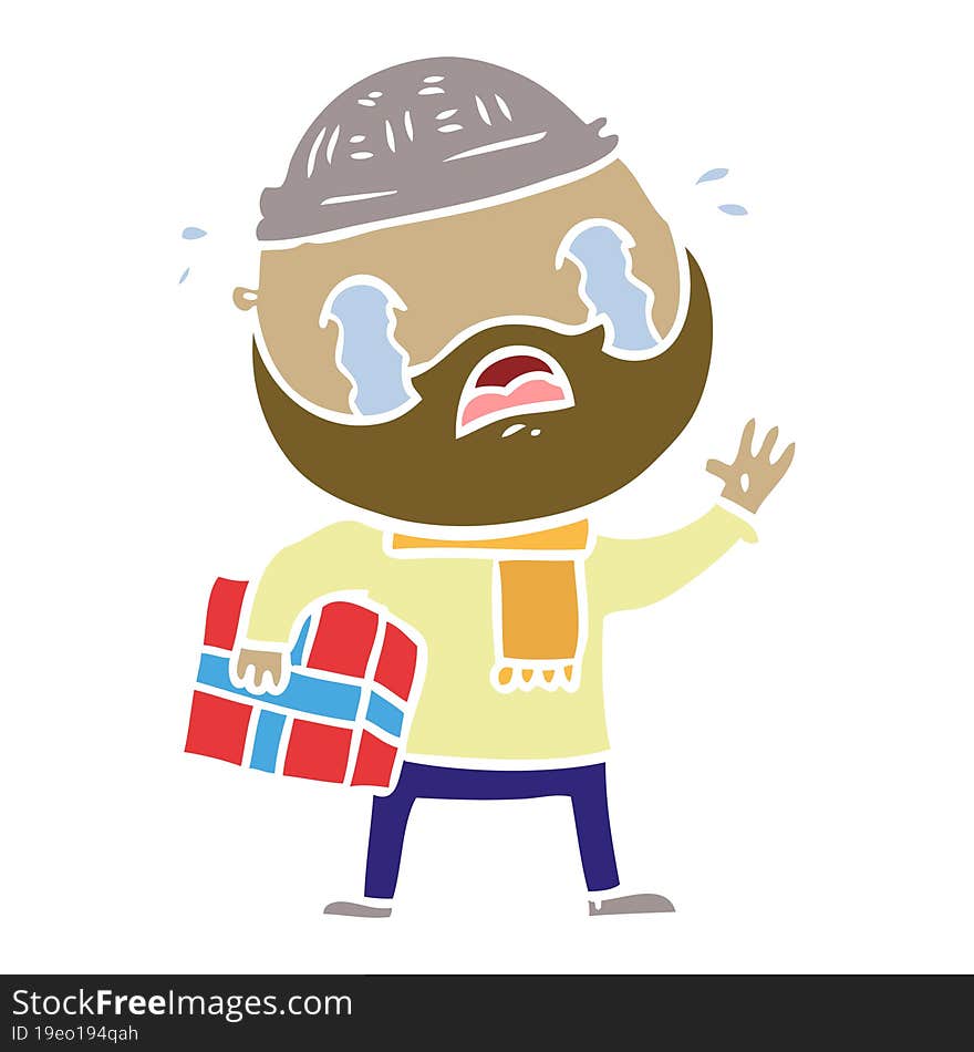 flat color style cartoon bearded man crying with christmas present