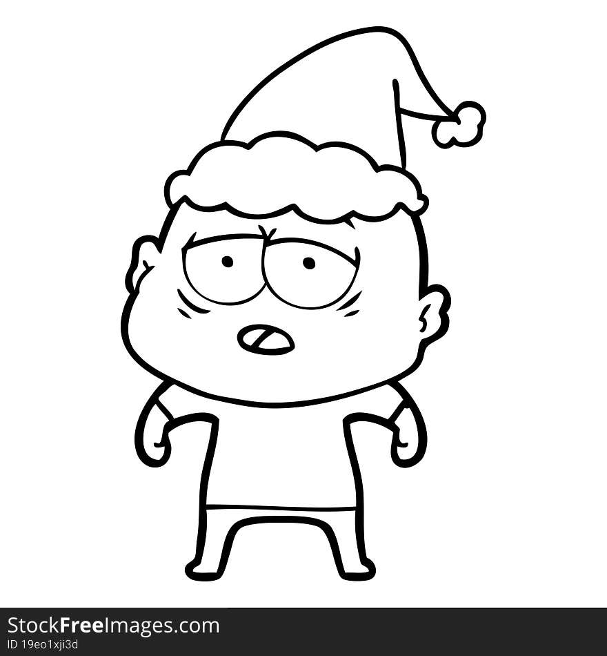 hand drawn line drawing of a tired bald man wearing santa hat