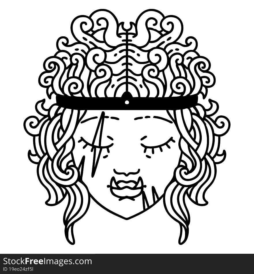 Black and White Tattoo linework Style orc barbarian character face. Black and White Tattoo linework Style orc barbarian character face