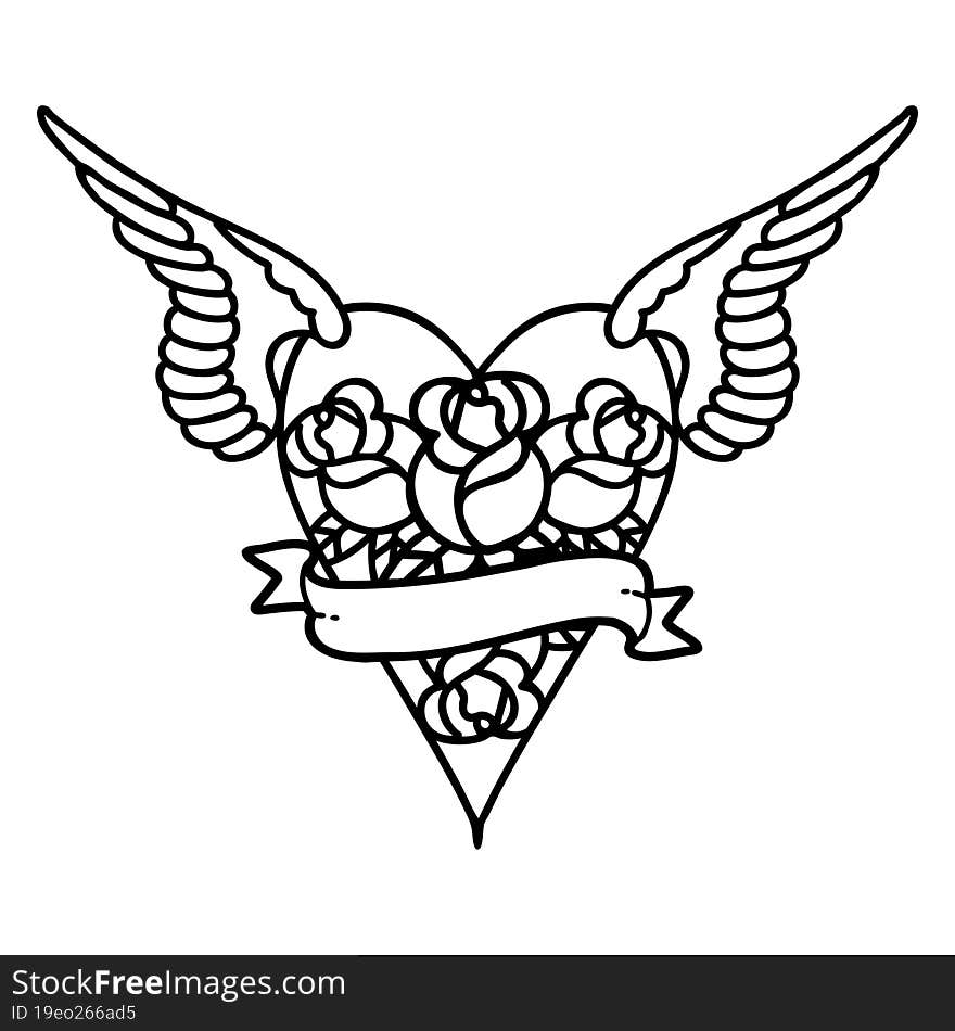 black line tattoo of a flying heart with flowers and banner