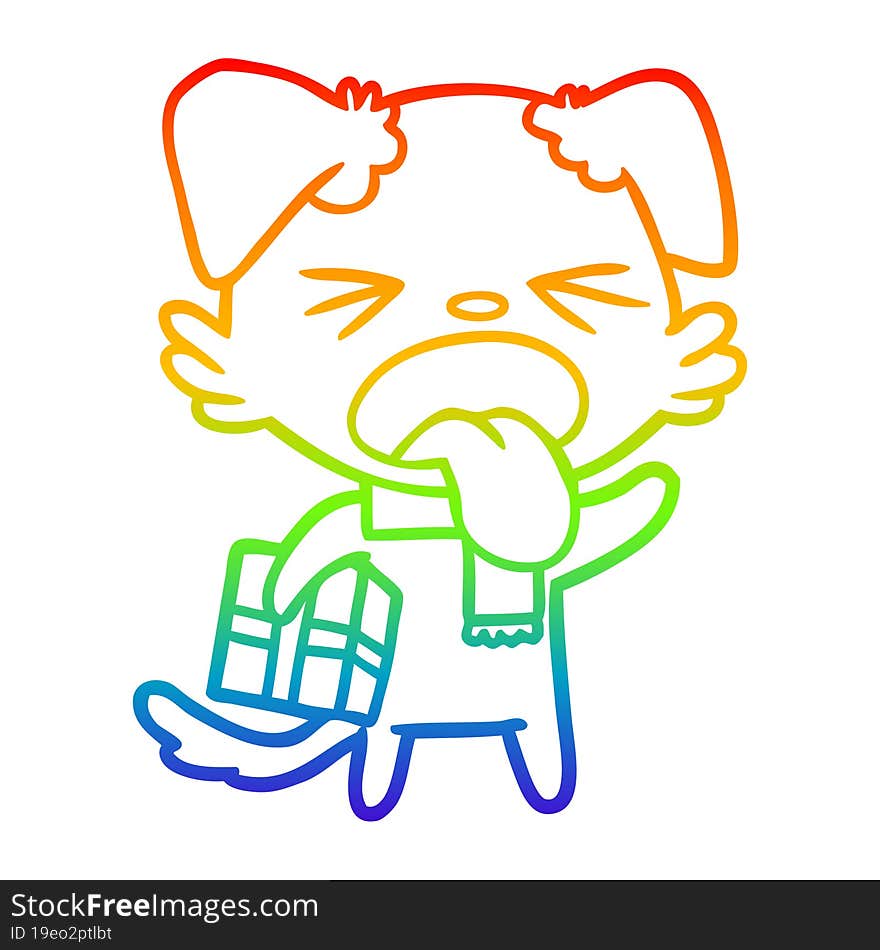 rainbow gradient line drawing cartoon disgusted dog with christmas gift