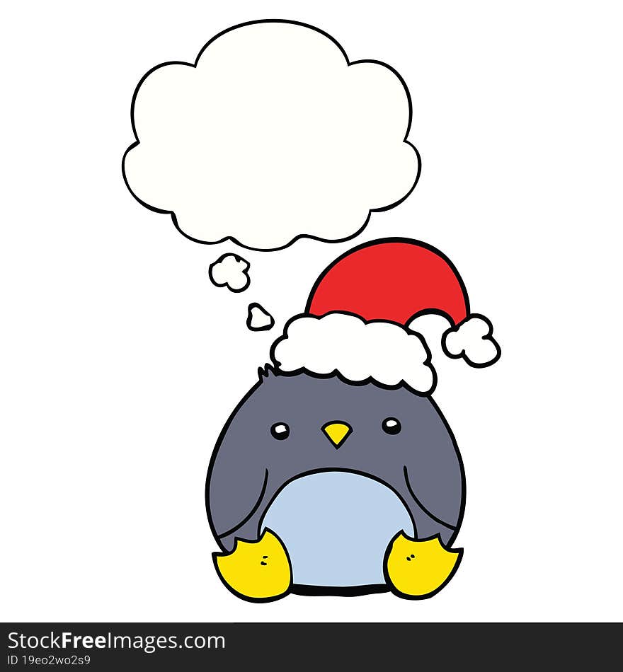 cute cartoon penguin wearing christmas hat and thought bubble