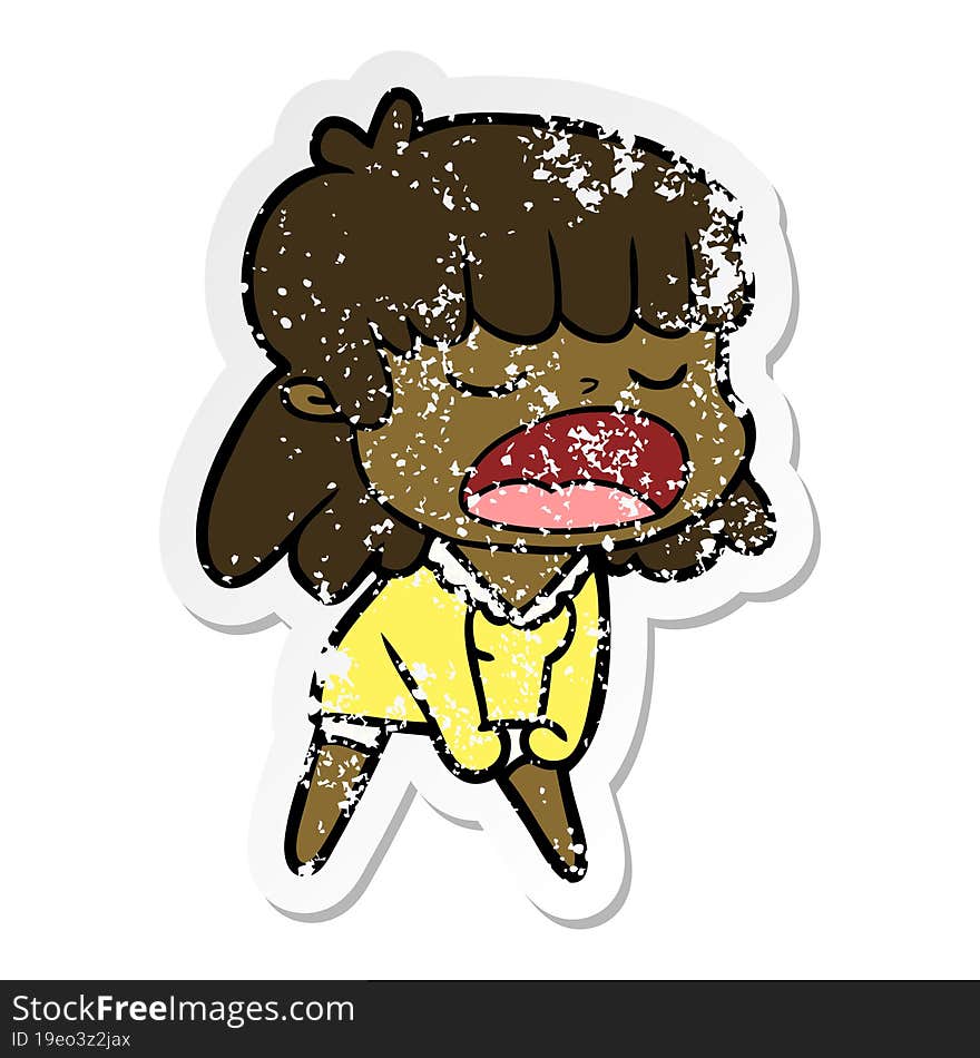 distressed sticker of a cartoon woman talking loudly