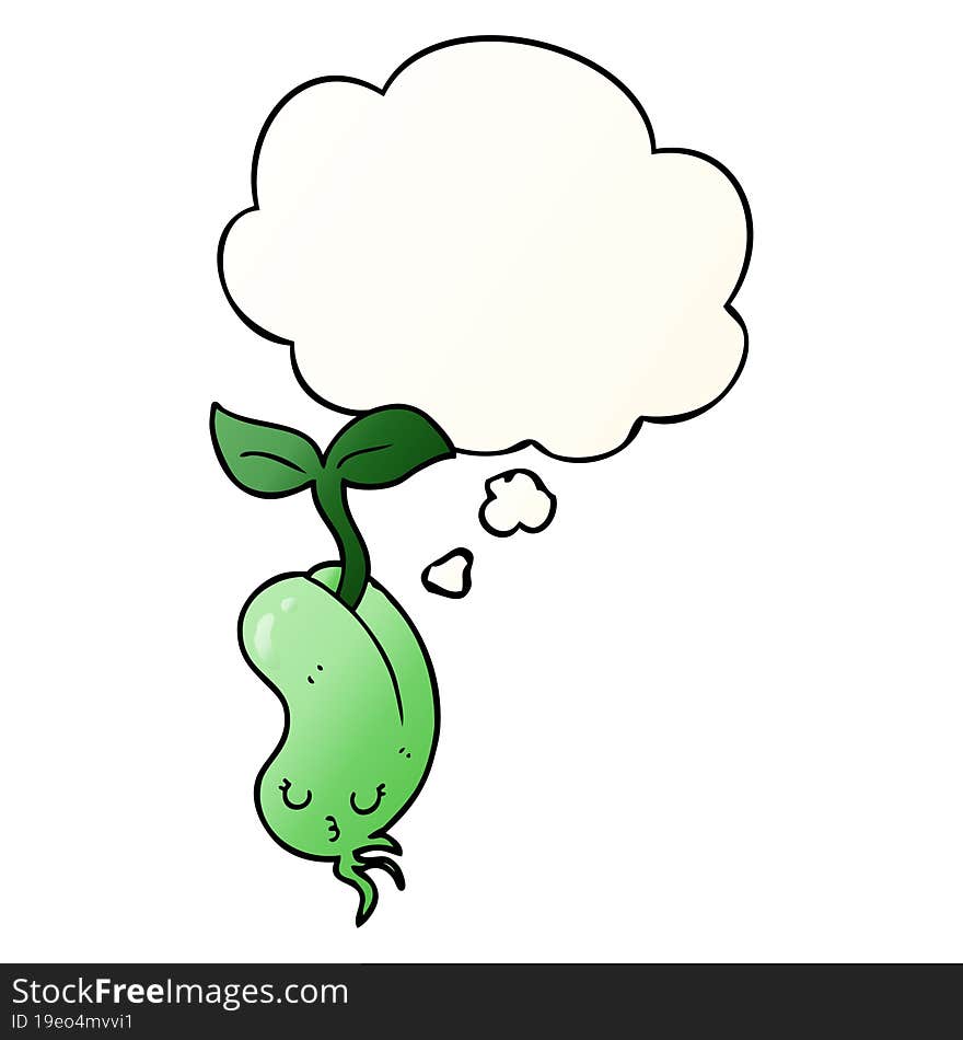 cartoon sprouting bean and thought bubble in smooth gradient style