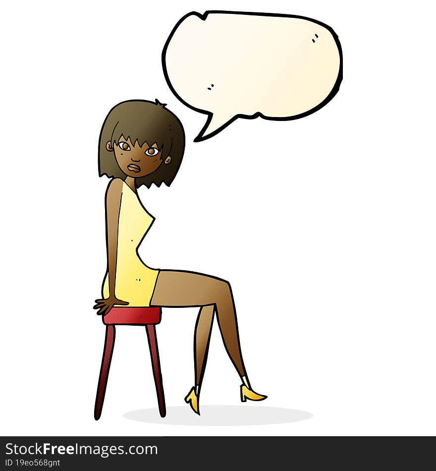 cartoon woman sitting on stool with speech bubble