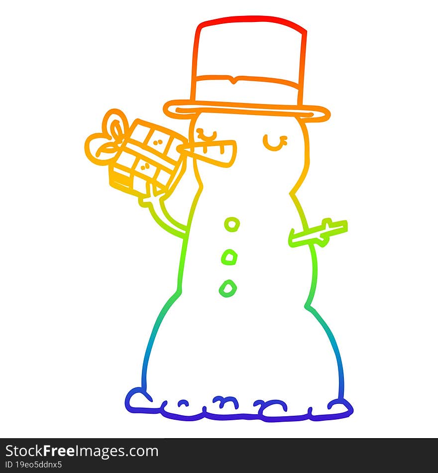 rainbow gradient line drawing of a cartoon snowman