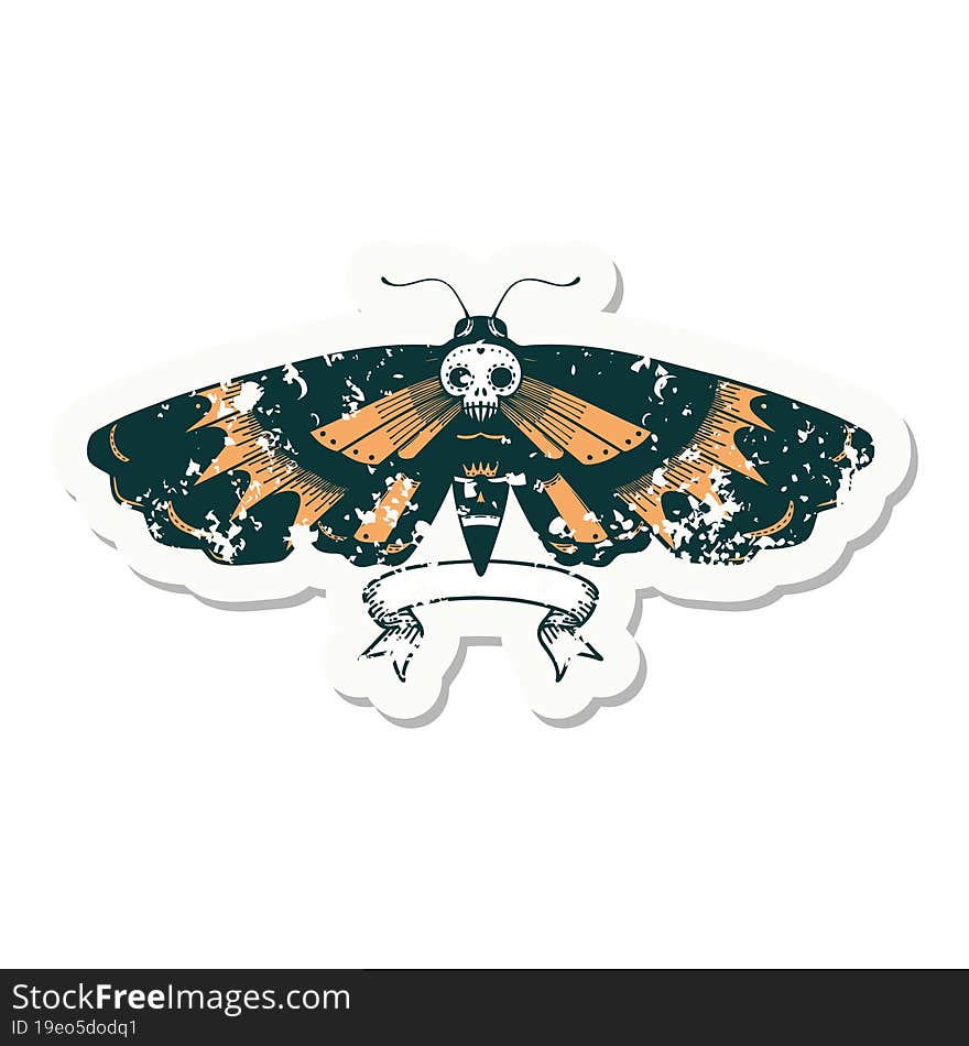 worn old sticker with banner of a deaths head moth. worn old sticker with banner of a deaths head moth