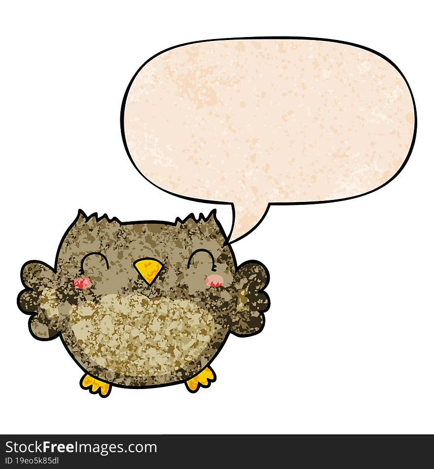 cute cartoon owl and speech bubble in retro texture style