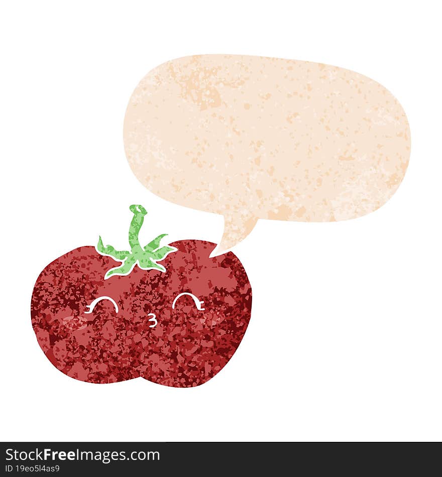 cartoon tomato and speech bubble in retro textured style