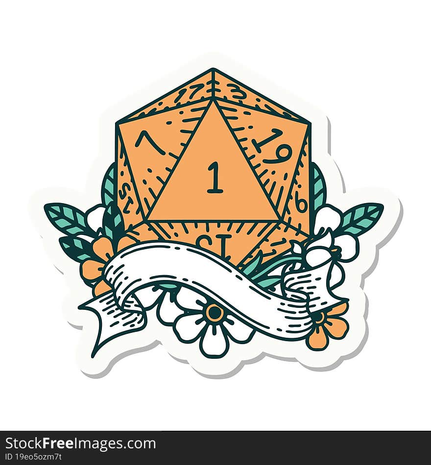 sticker of a natural one d20 dice roll. sticker of a natural one d20 dice roll