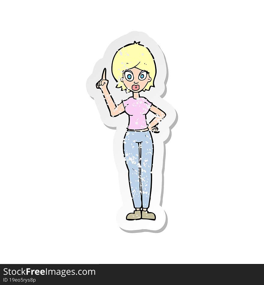 retro distressed sticker of a cartoon woman explaining her point