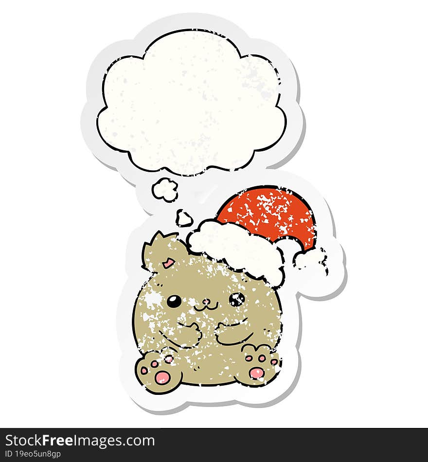 Cute Cartoon Christmas Bear And Thought Bubble As A Distressed Worn Sticker