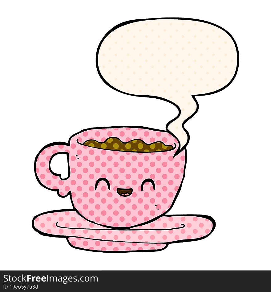 cartoon hot cup of coffee and speech bubble in comic book style