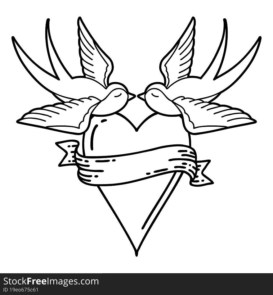 tattoo in black line style of swallows and a heart with banner. tattoo in black line style of swallows and a heart with banner