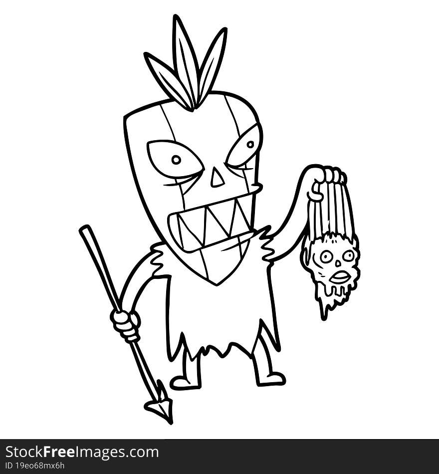 cartoon tribesman with shrunken head. cartoon tribesman with shrunken head